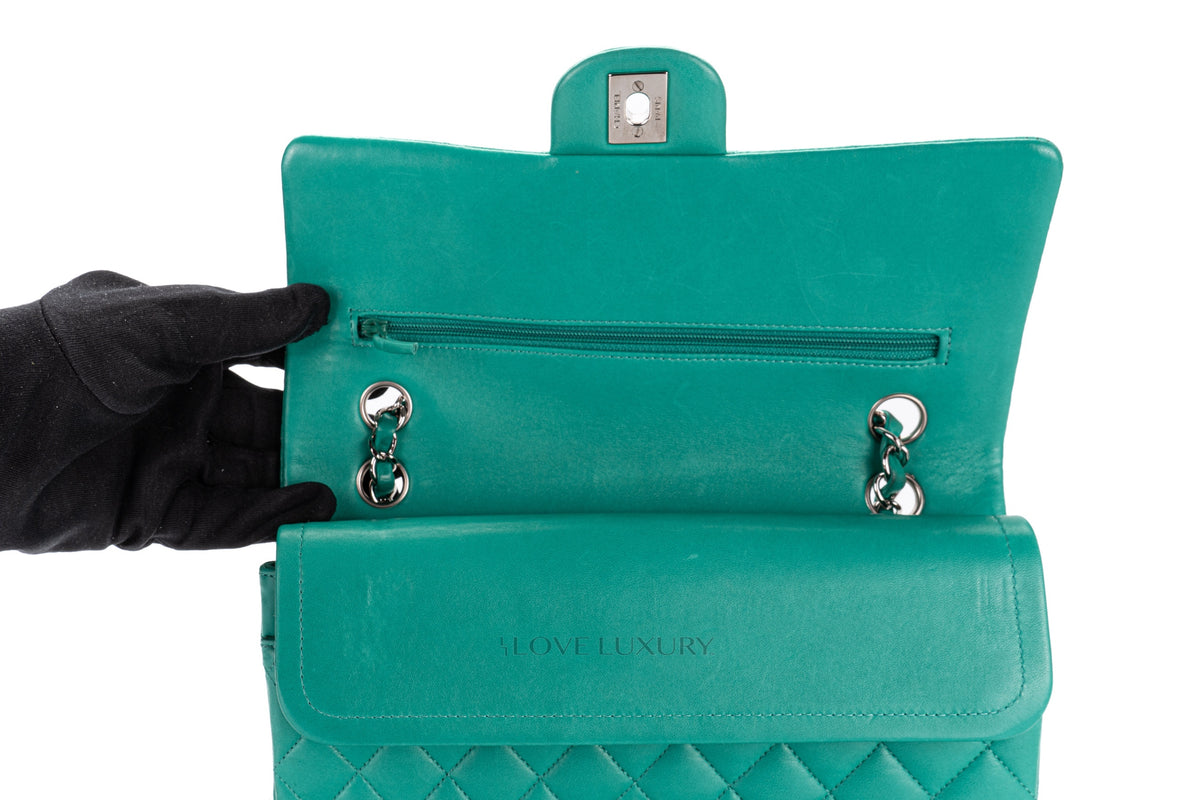 Chanel Medium Classic Flap Green Lambskin Silver Hardware - view 12