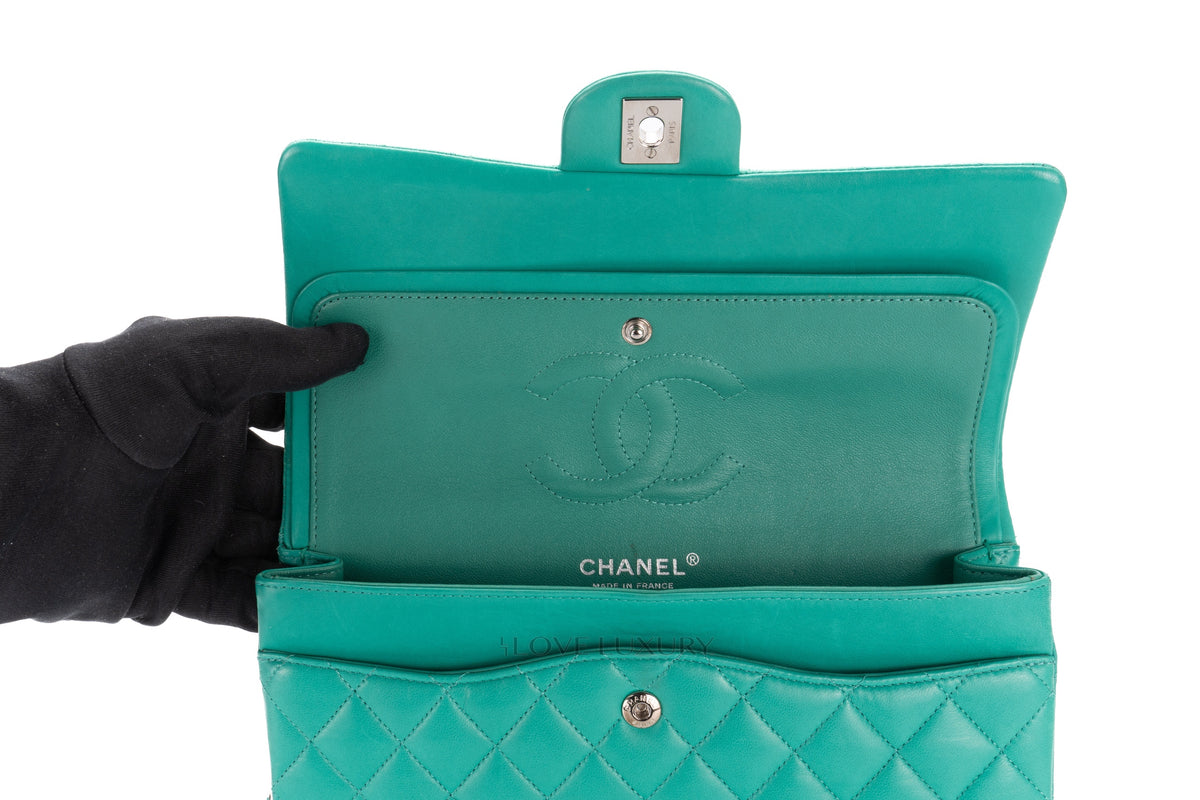 Chanel Medium Classic Flap Green Lambskin Silver Hardware - view 13