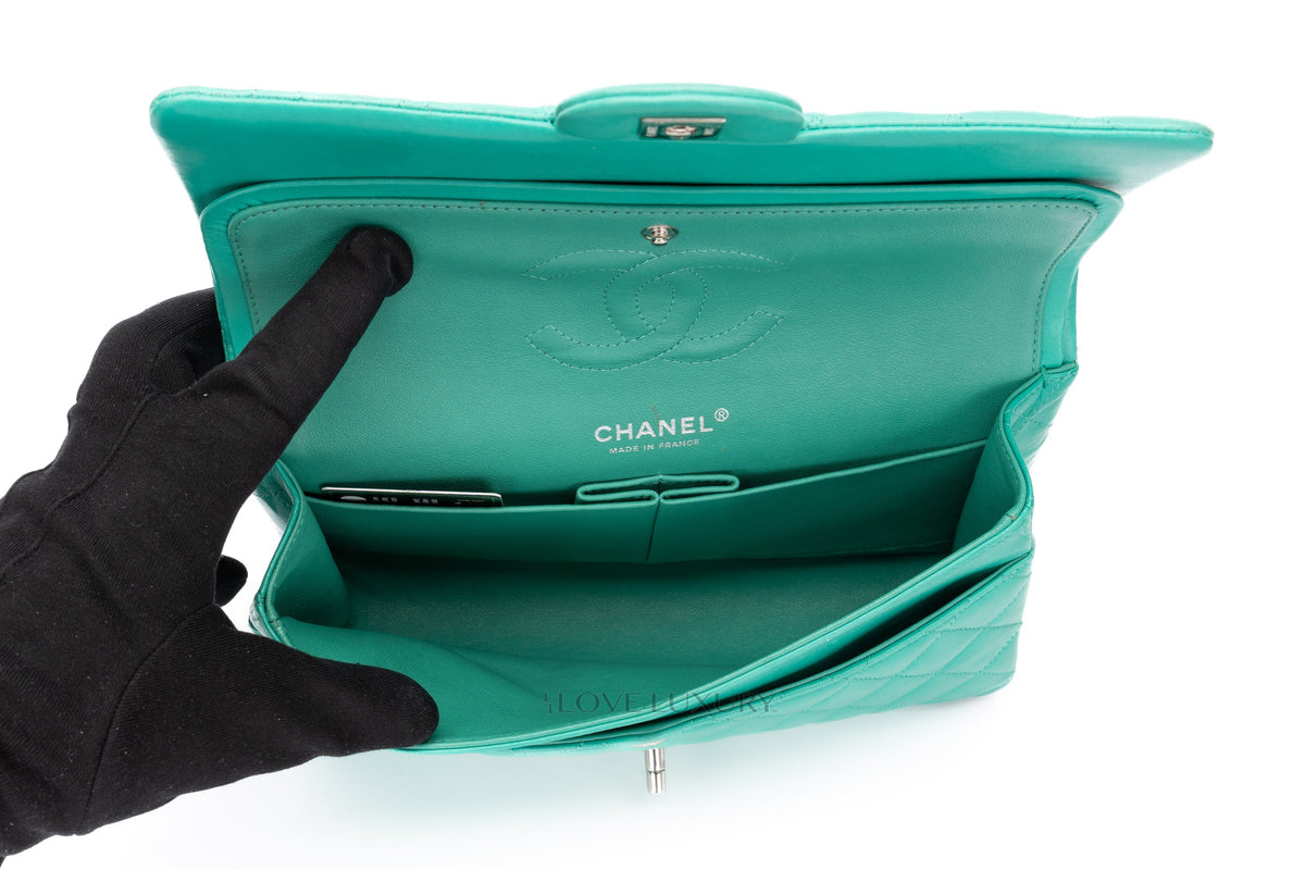 Chanel Medium Classic Flap Green Lambskin Silver Hardware - view 14