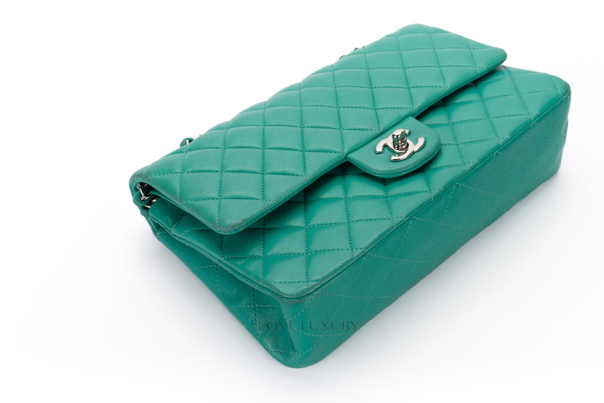 Chanel Medium Classic Flap Green Lambskin Silver Hardware - view 15
