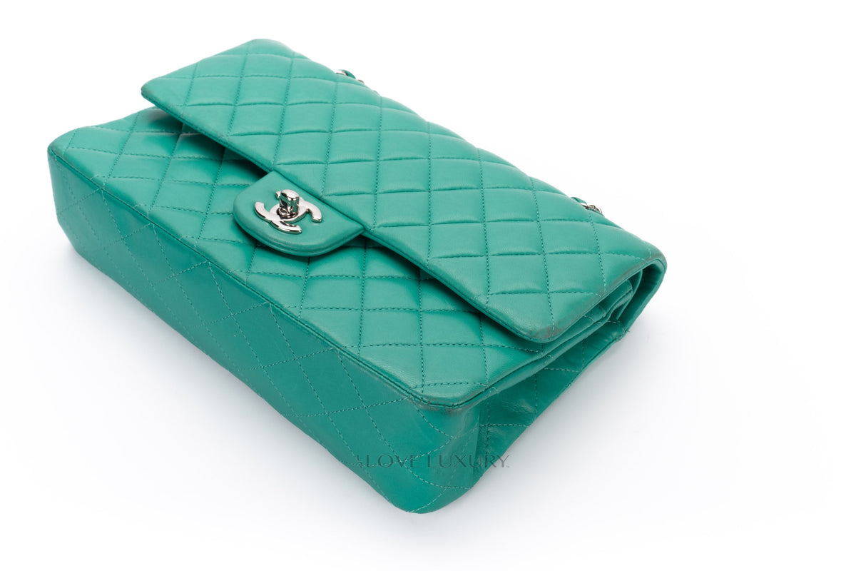 Chanel Medium Classic Flap Green Lambskin Silver Hardware - view 16