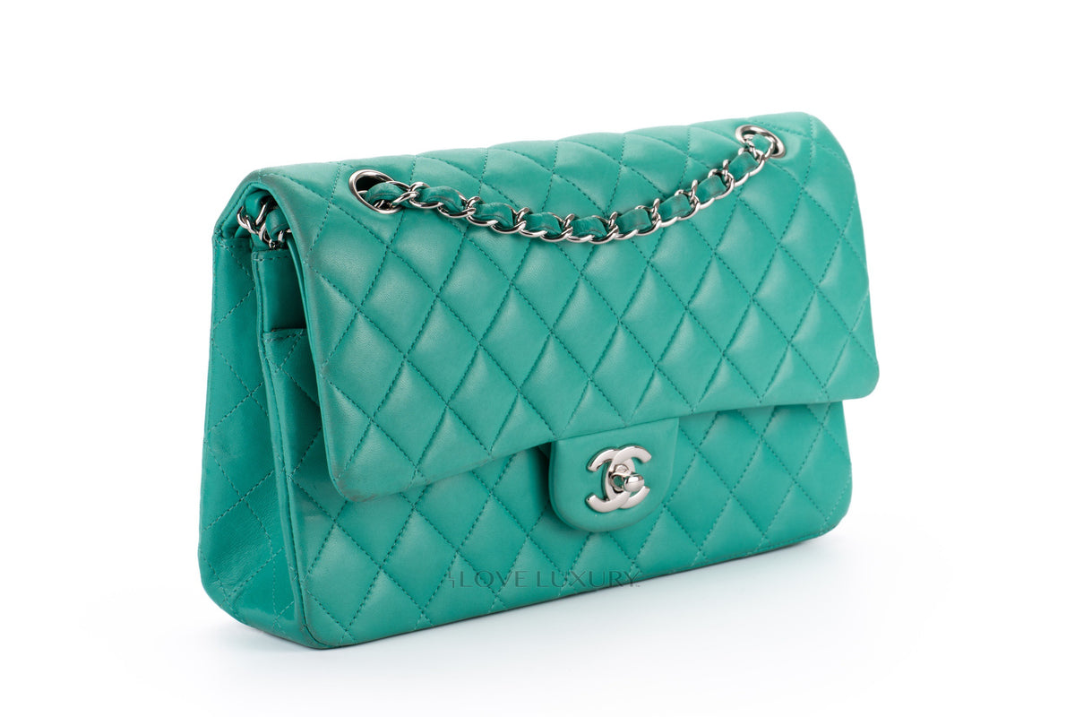Chanel Medium Classic Flap Green Lambskin Silver Hardware - view 2