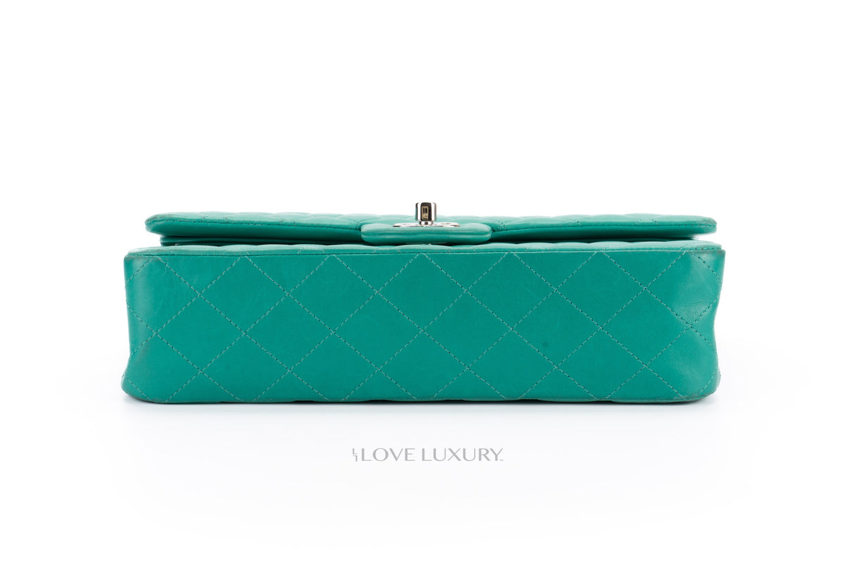 Chanel Medium Classic Flap Green Lambskin Silver Hardware - view 6
