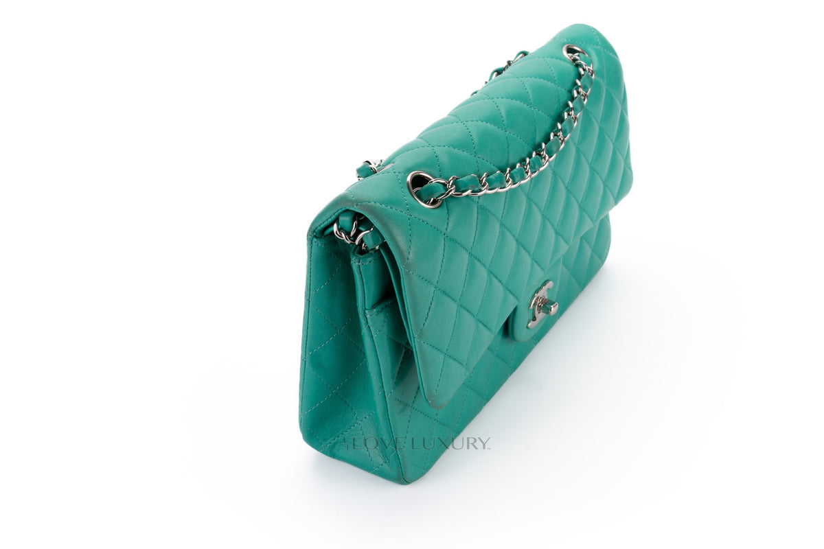 Chanel Medium Classic Flap Green Lambskin Silver Hardware - view 8