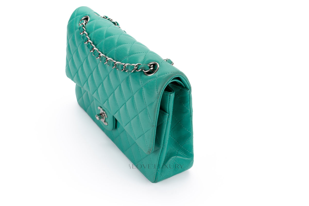 Chanel Medium Classic Flap Green Lambskin Silver Hardware - view 9