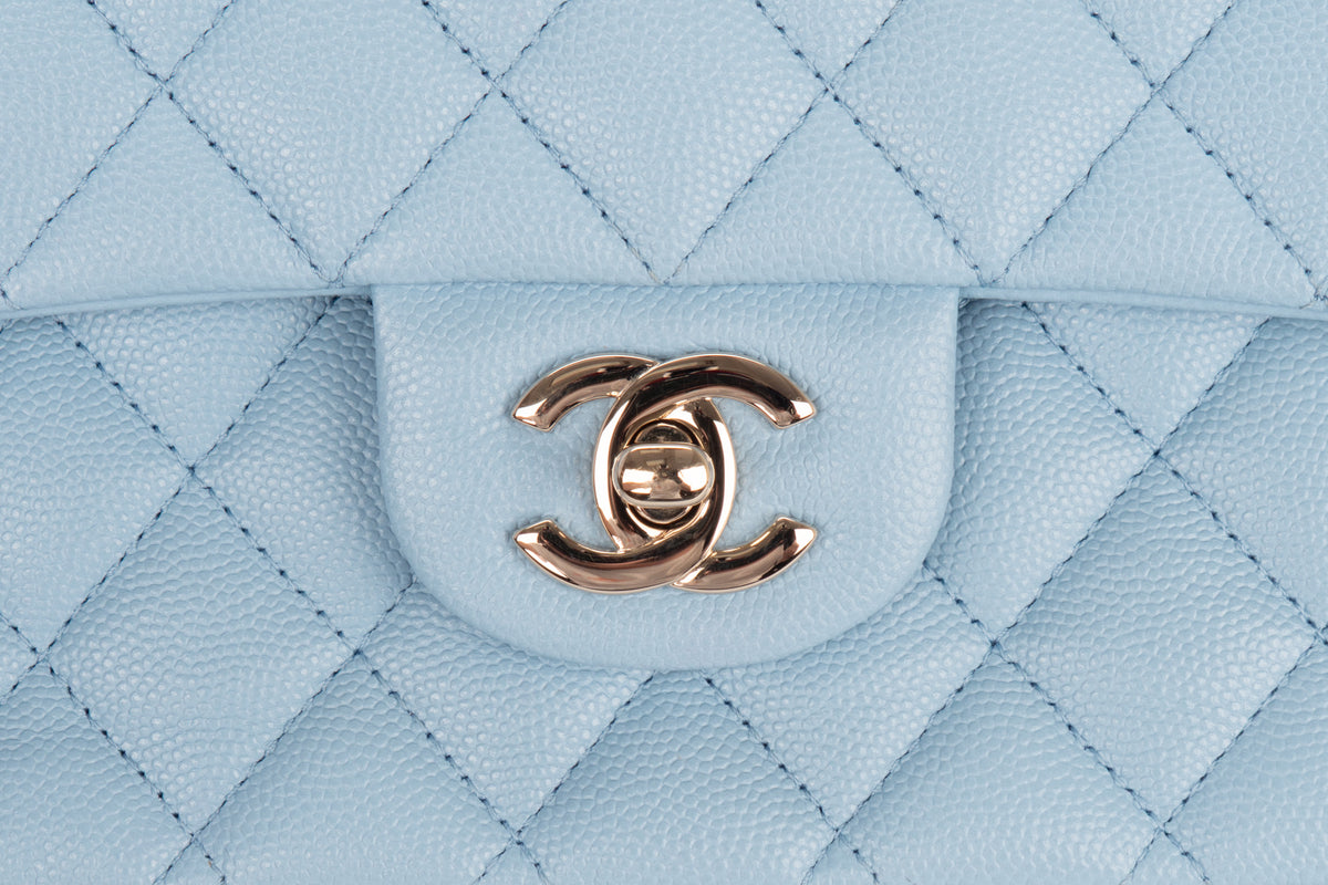 Chanel Medium Double Classic Flap Light Blue Caviar Champagne Hardware - view 7