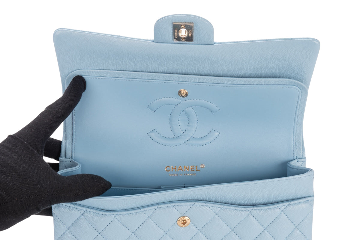 Chanel Medium Double Classic Flap Light Blue Caviar Champagne Hardware - view 9