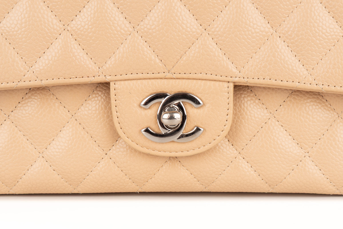 Chanel Medium Double Classic Flap Beige Caviar Silver Hardware - view 7
