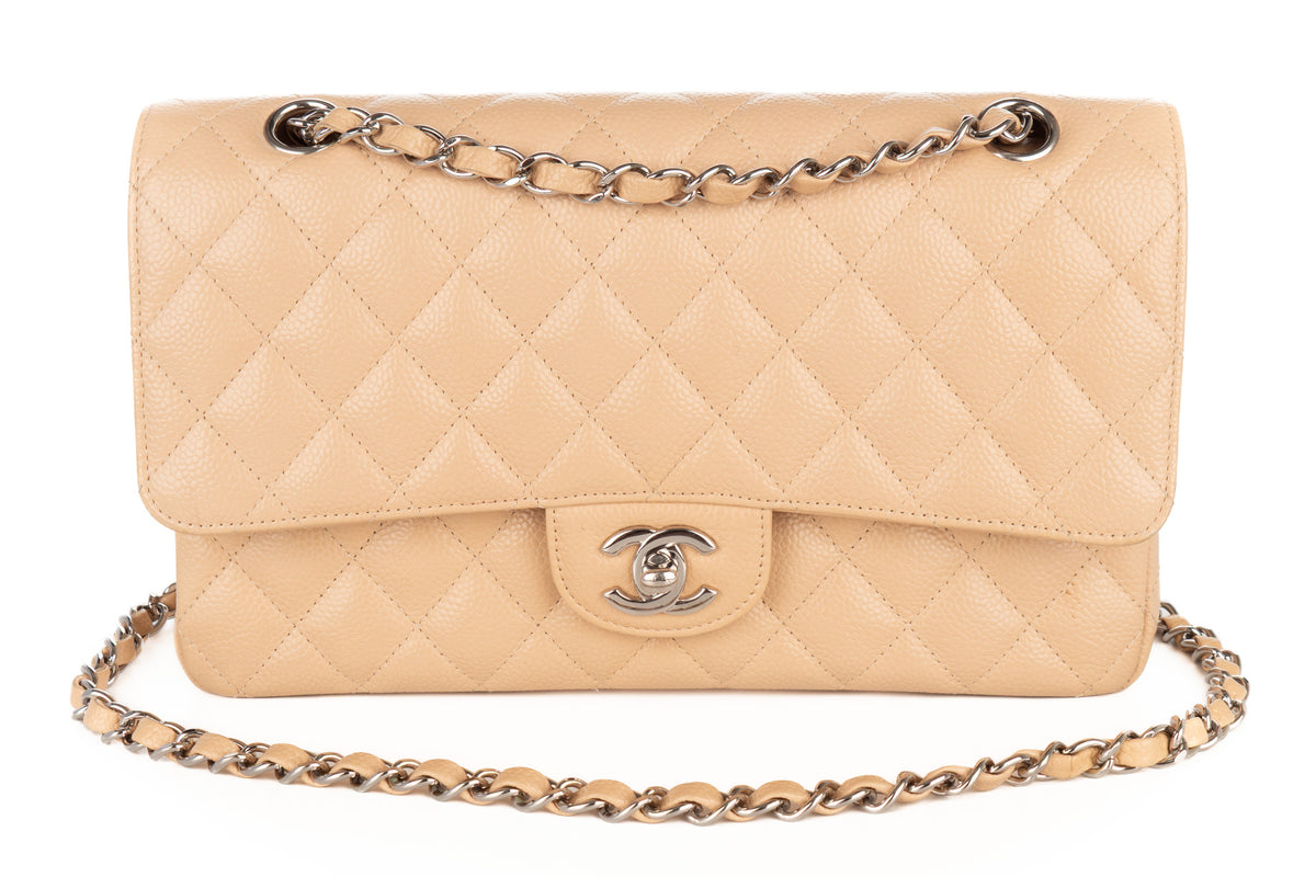 Chanel Medium Double Classic Flap Beige Caviar Silver Hardware - view 8