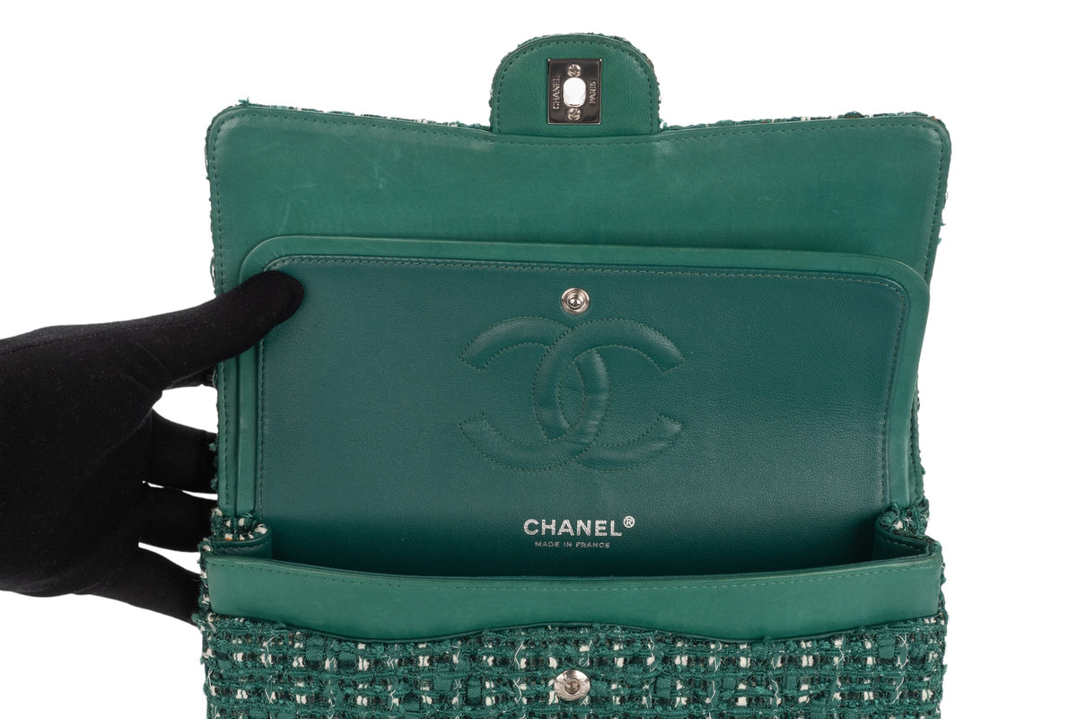 Chanel Medium Double Classic Flap Green Tweed Silver Hardware - view 10
