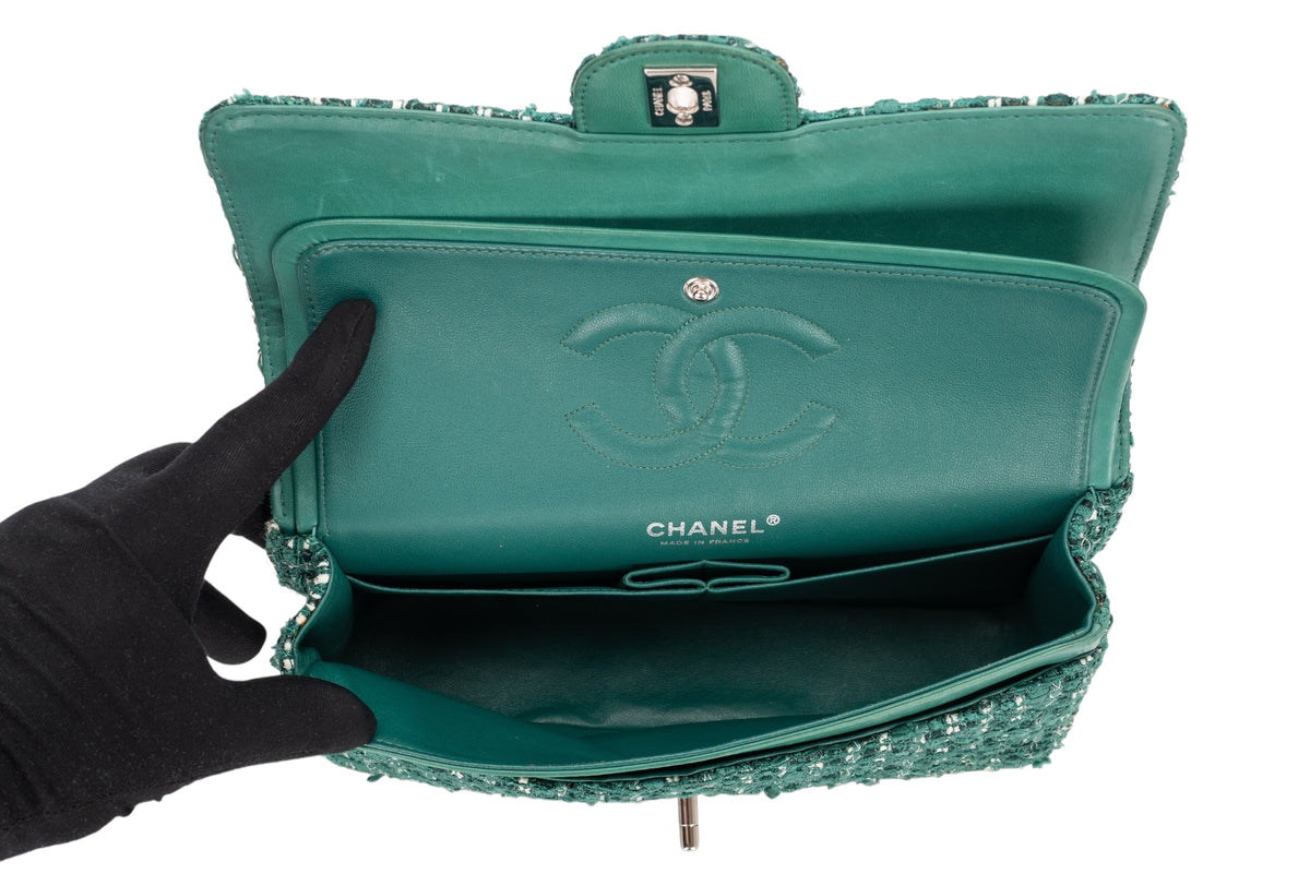 Chanel Medium Double Classic Flap Green Tweed Silver Hardware - view 11