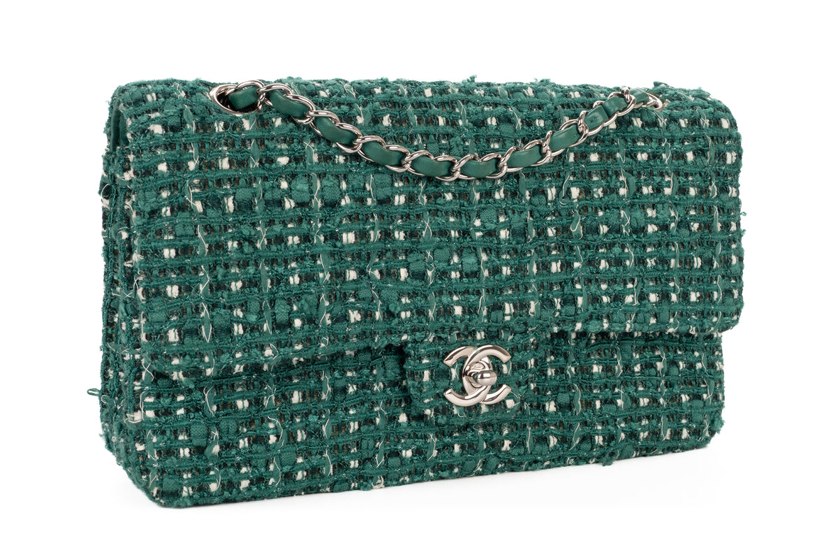 Chanel Medium Double Classic Flap Green Tweed Silver Hardware - view 2