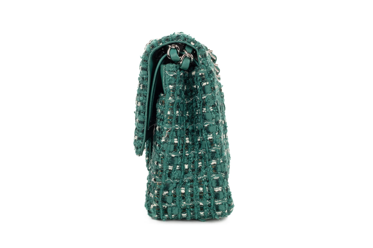 Chanel Medium Double Classic Flap Green Tweed Silver Hardware - view 4