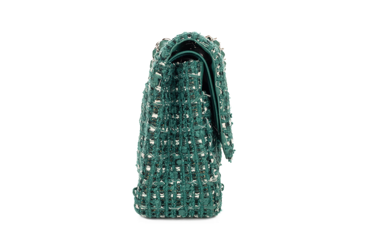 Chanel Medium Double Classic Flap Green Tweed Silver Hardware - view 5