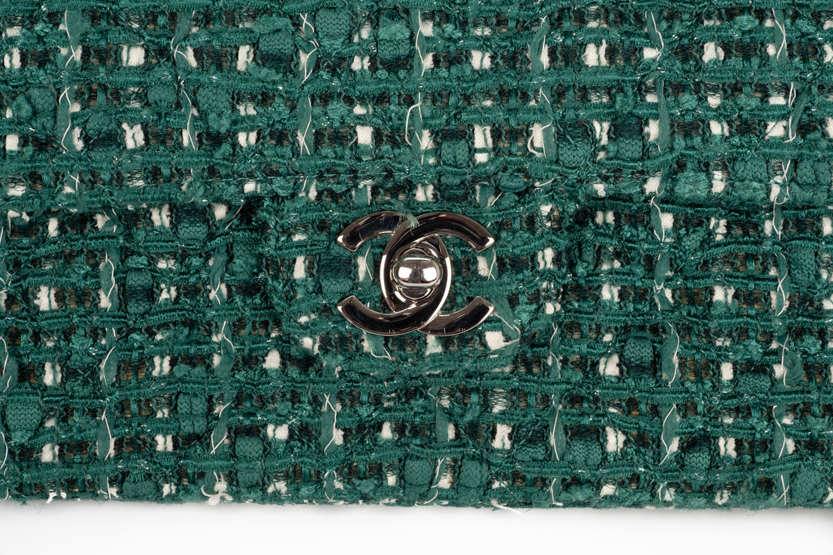 Chanel Medium Double Classic Flap Green Tweed Silver Hardware - view 7