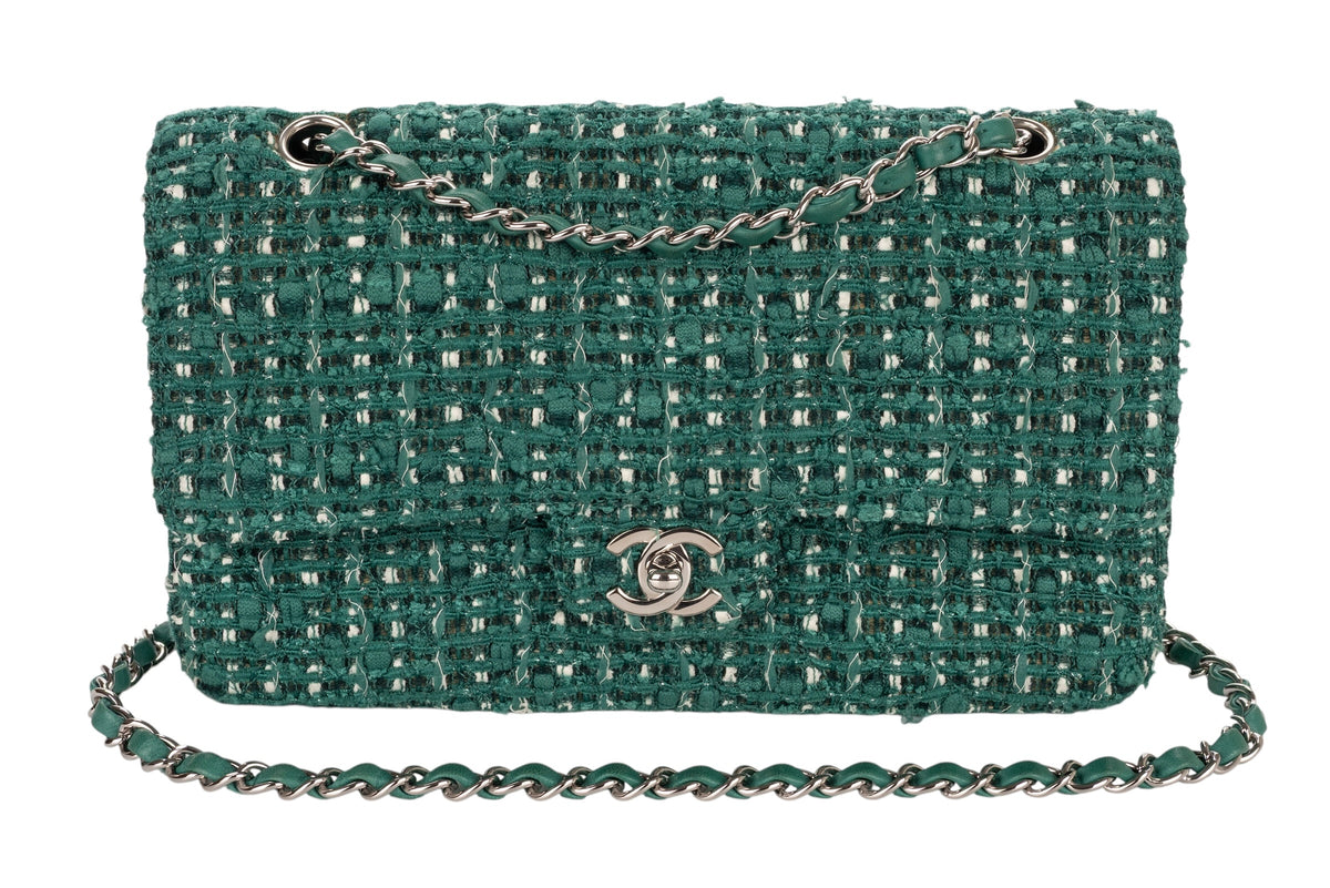 Chanel Medium Double Classic Flap Green Tweed Silver Hardware - view 8