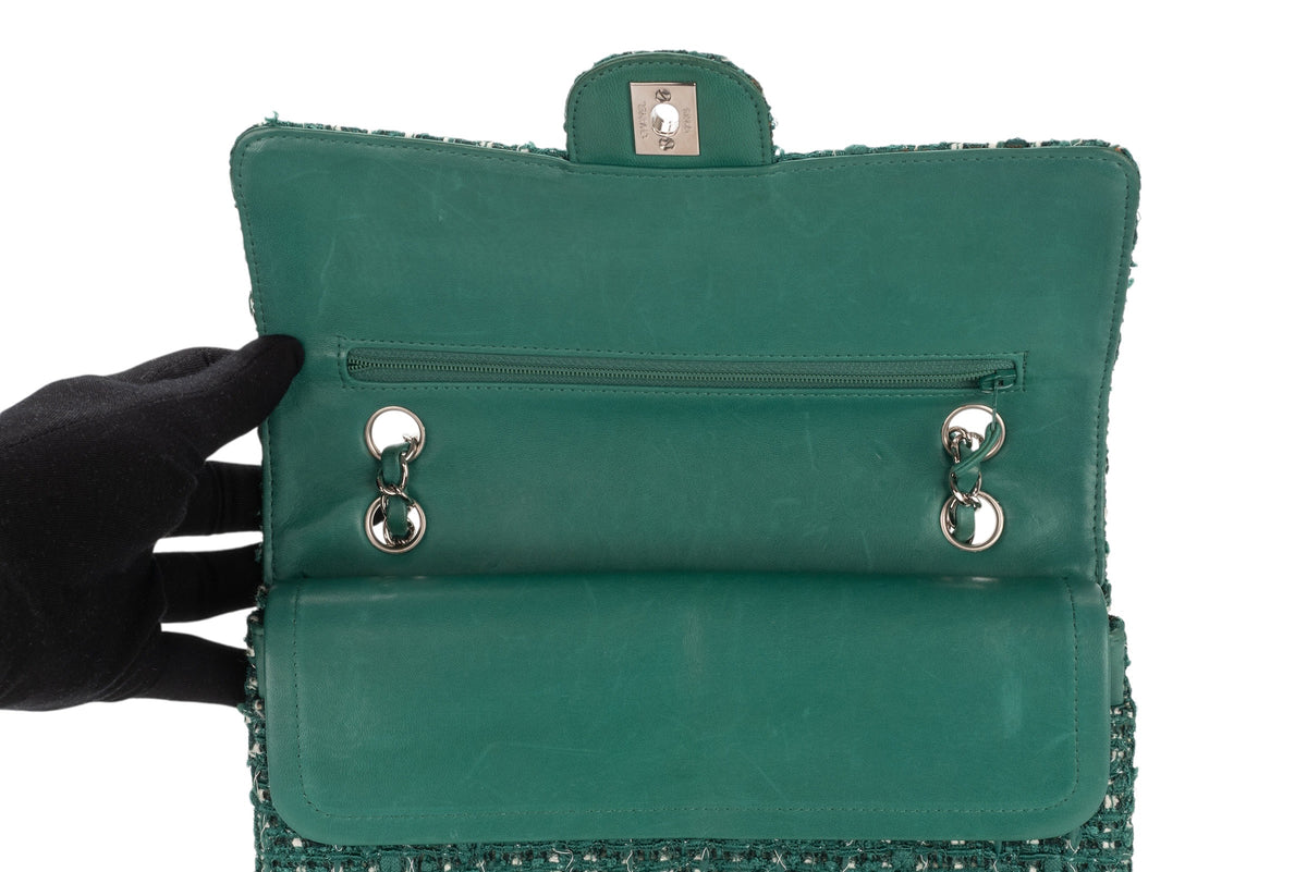Chanel Medium Double Classic Flap Green Tweed Silver Hardware - view 9