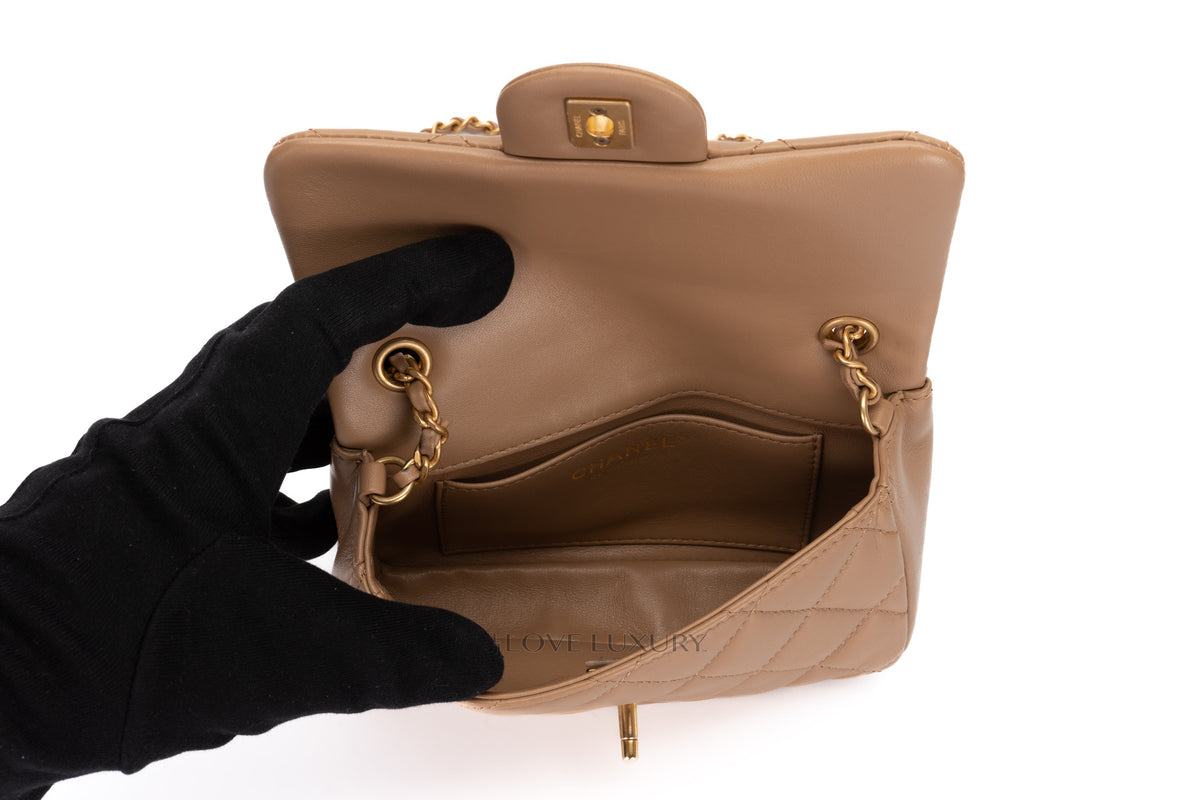 Chanel Mini Rectangular Bag Beige Lambskin Light Gold Hardware - view 9