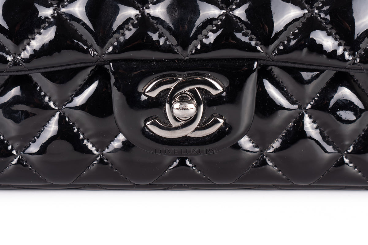 Chanel Mini Rectangular Bag Black Patent Silver Hardware - view 7