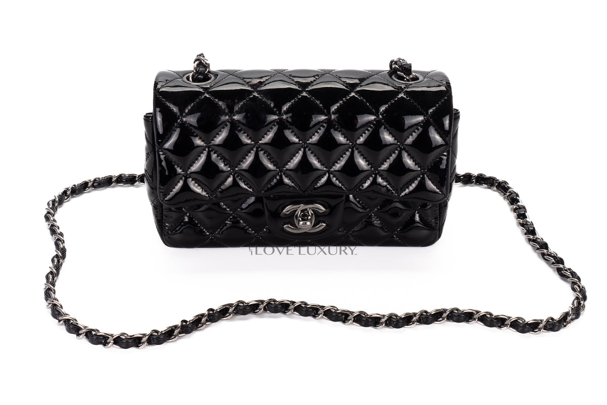 Chanel Mini Rectangular Bag Black Patent Silver Hardware - view 8