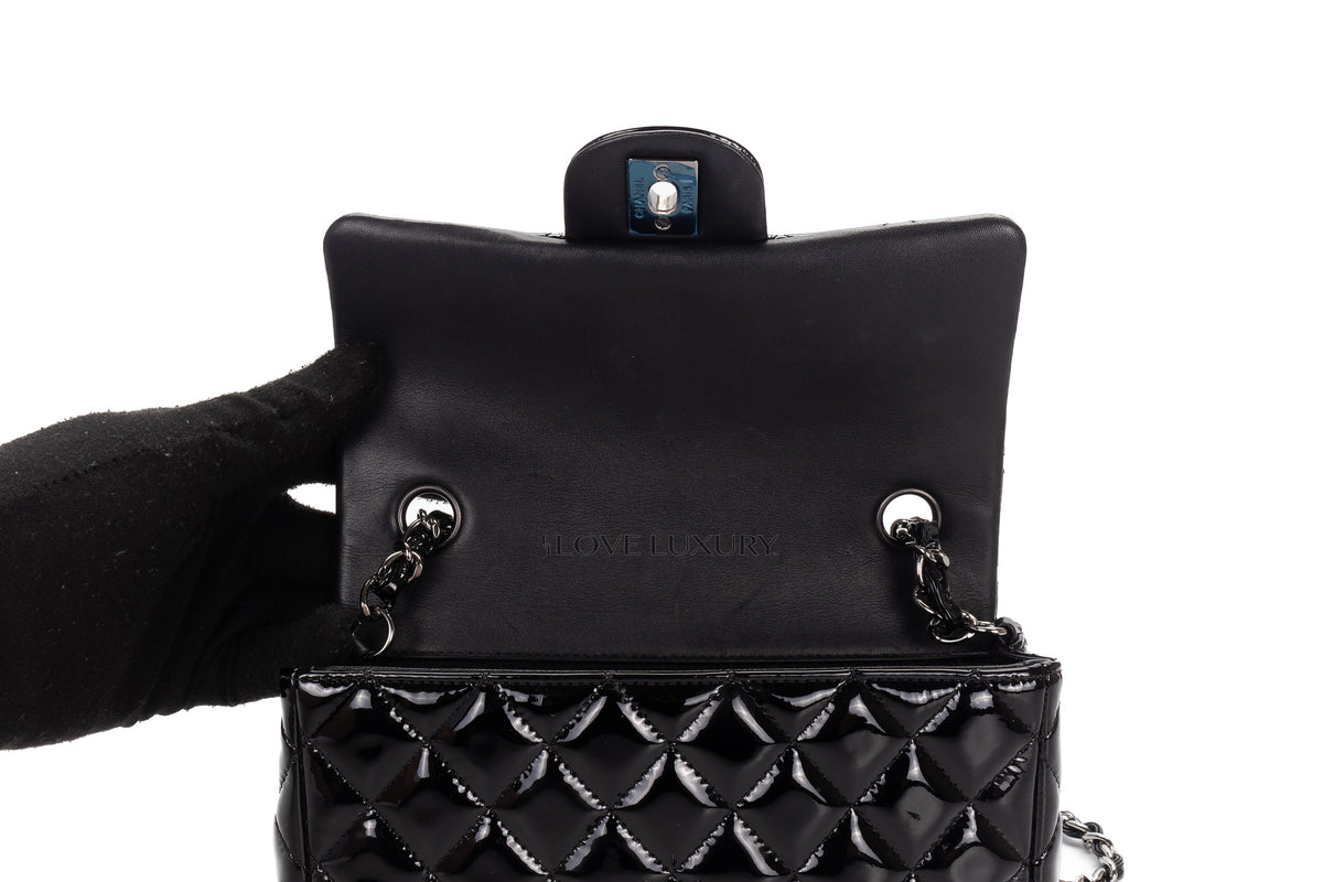 Chanel Mini Rectangular Bag Black Patent Silver Hardware - view 9