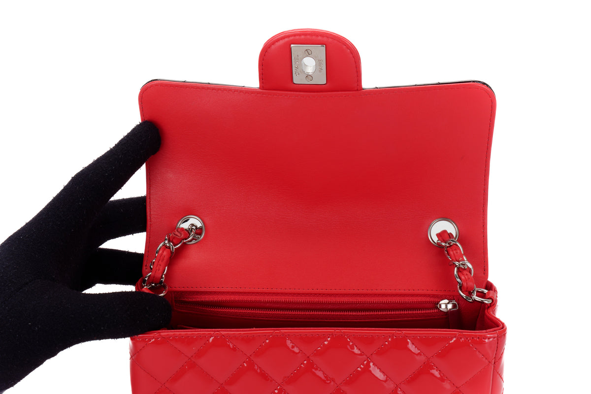Chanel Mini Rectangular Bag Black/Red Patent Silver Hardware - view 9