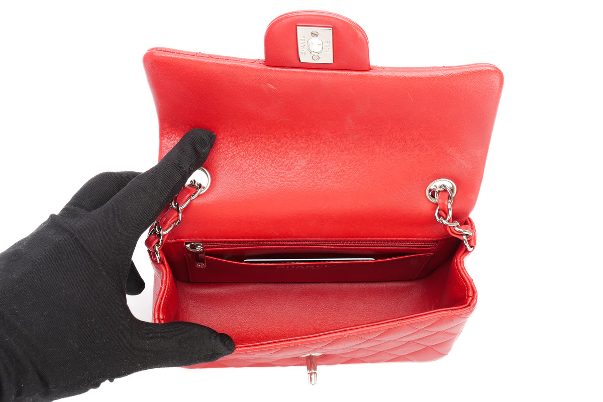 Chanel Mini Rectangular Classic Flap Quilted Red Lambskin Silver Hardware - view 10