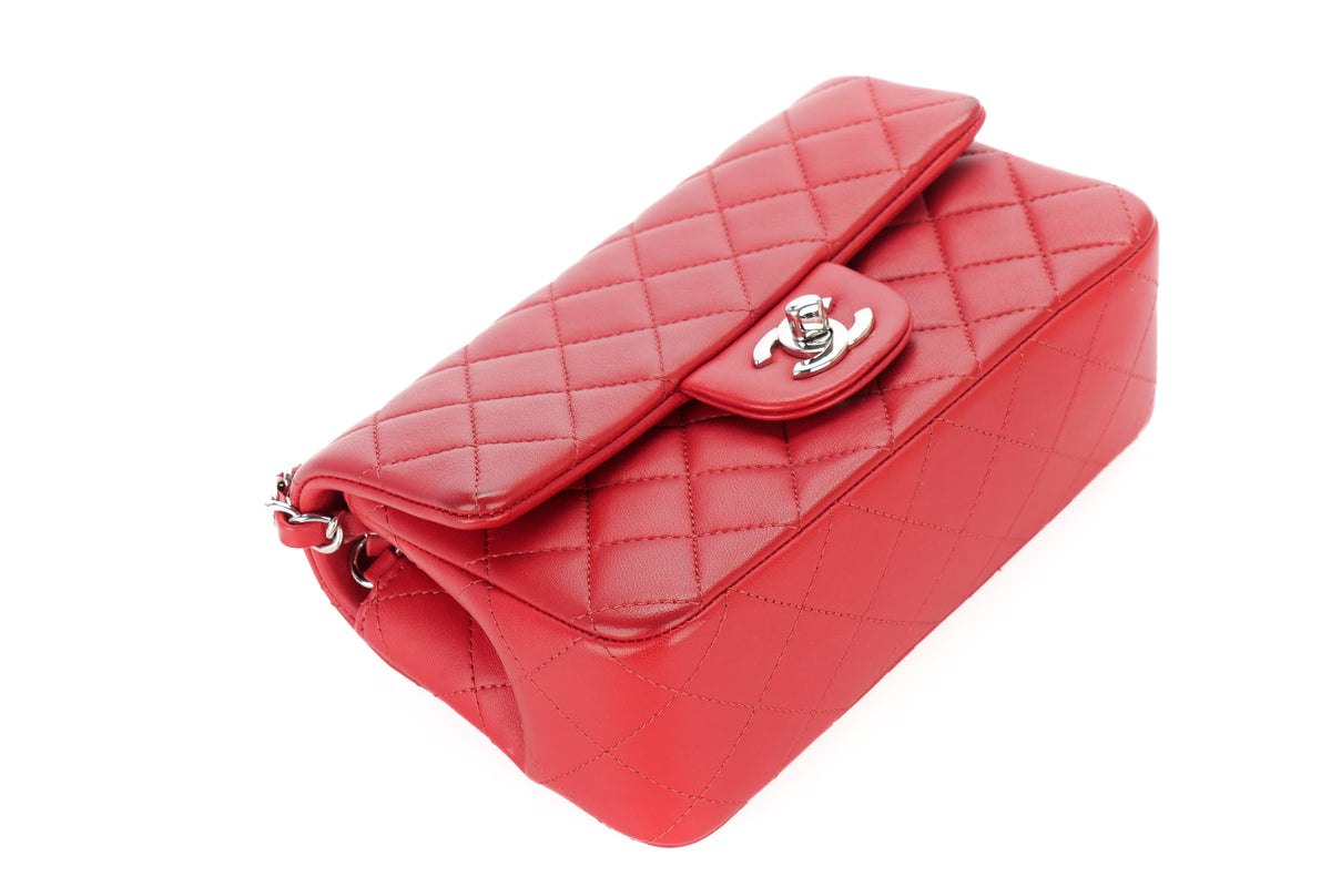 Chanel Mini Rectangular Classic Flap Quilted Red Lambskin Silver Hardware - view 11