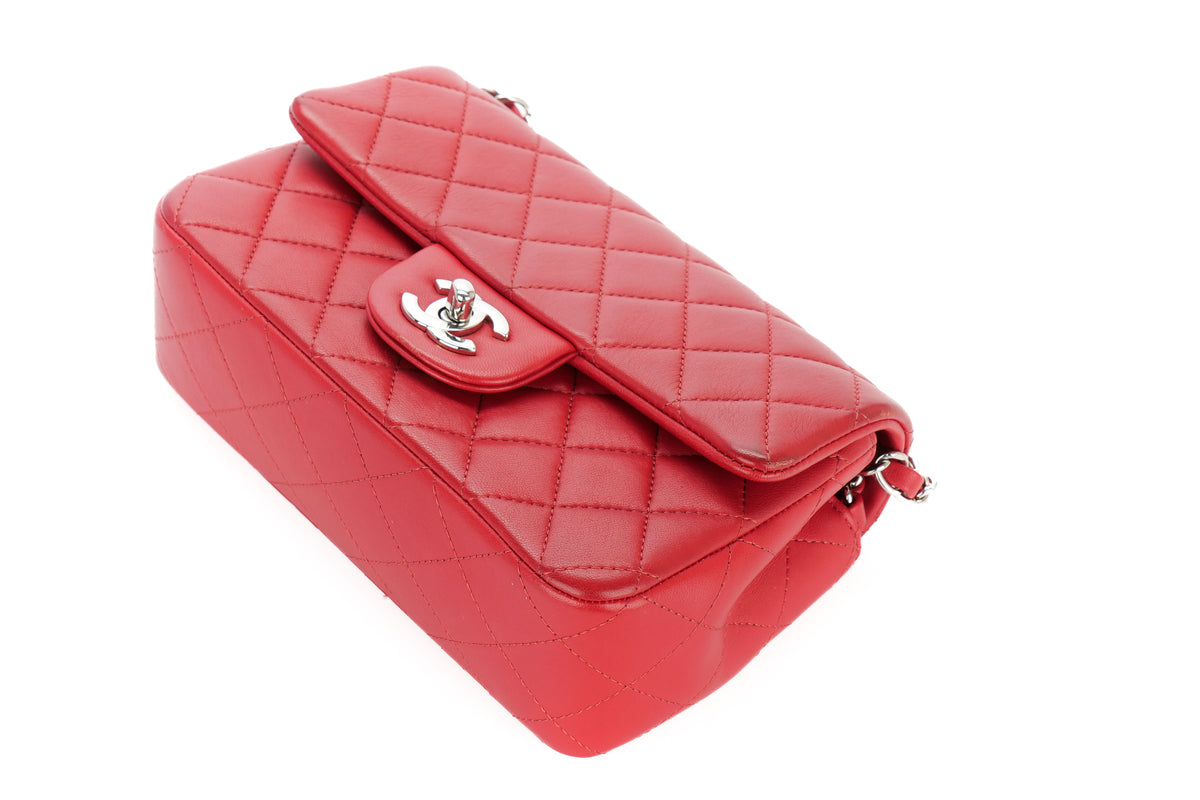 Chanel Mini Rectangular Classic Flap Quilted Red Lambskin Silver Hardware - view 12