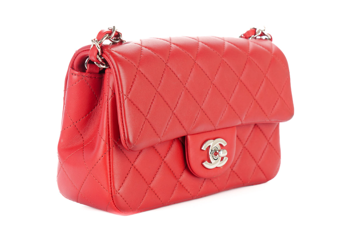Chanel Mini Rectangular Classic Flap Quilted Red Lambskin Silver Hardware - view 2