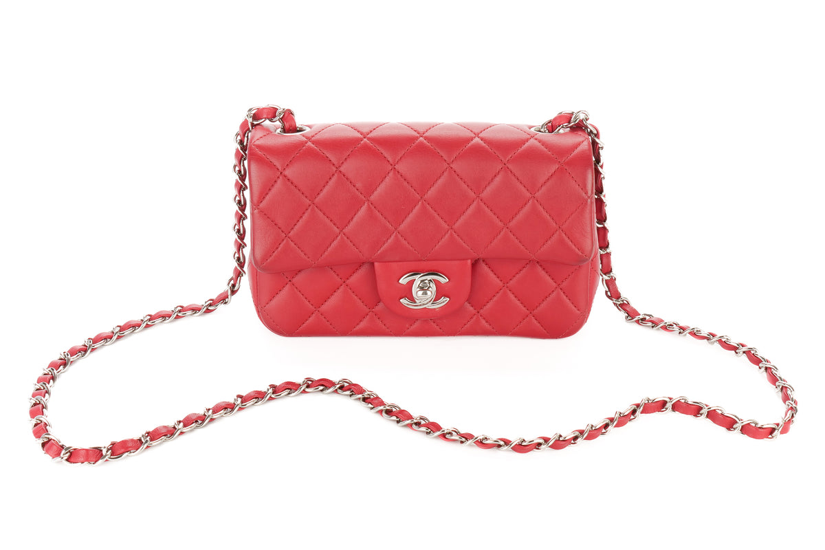 Chanel Mini Rectangular Classic Flap Quilted Red Lambskin Silver Hardware - view 8