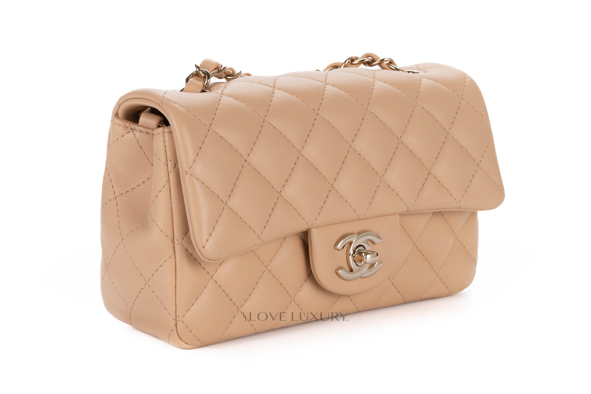Chanel Mini Rectangular Flap Bag Beige Lambskin Light Gold Hardware - view 2