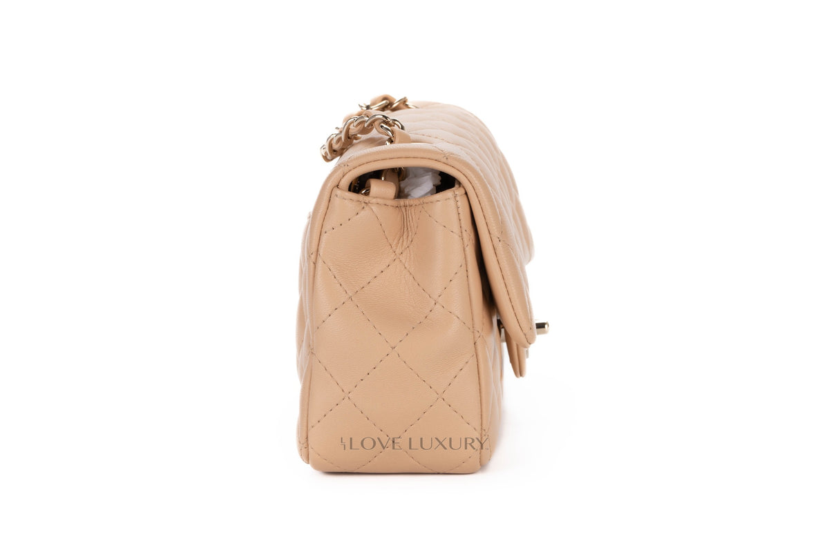 Chanel Mini Rectangular Flap Bag Beige Lambskin Light Gold Hardware - view 5