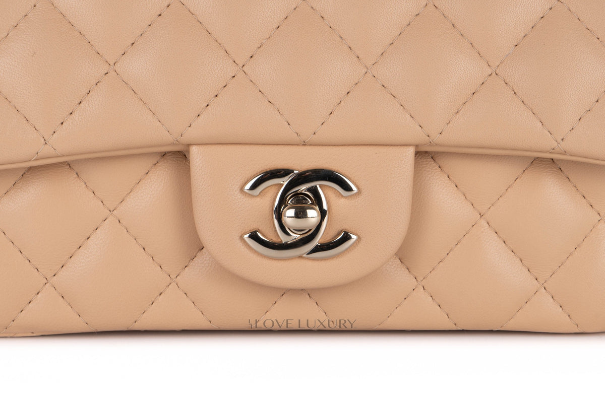 Chanel Mini Rectangular Flap Bag Beige Lambskin Light Gold Hardware - view 7