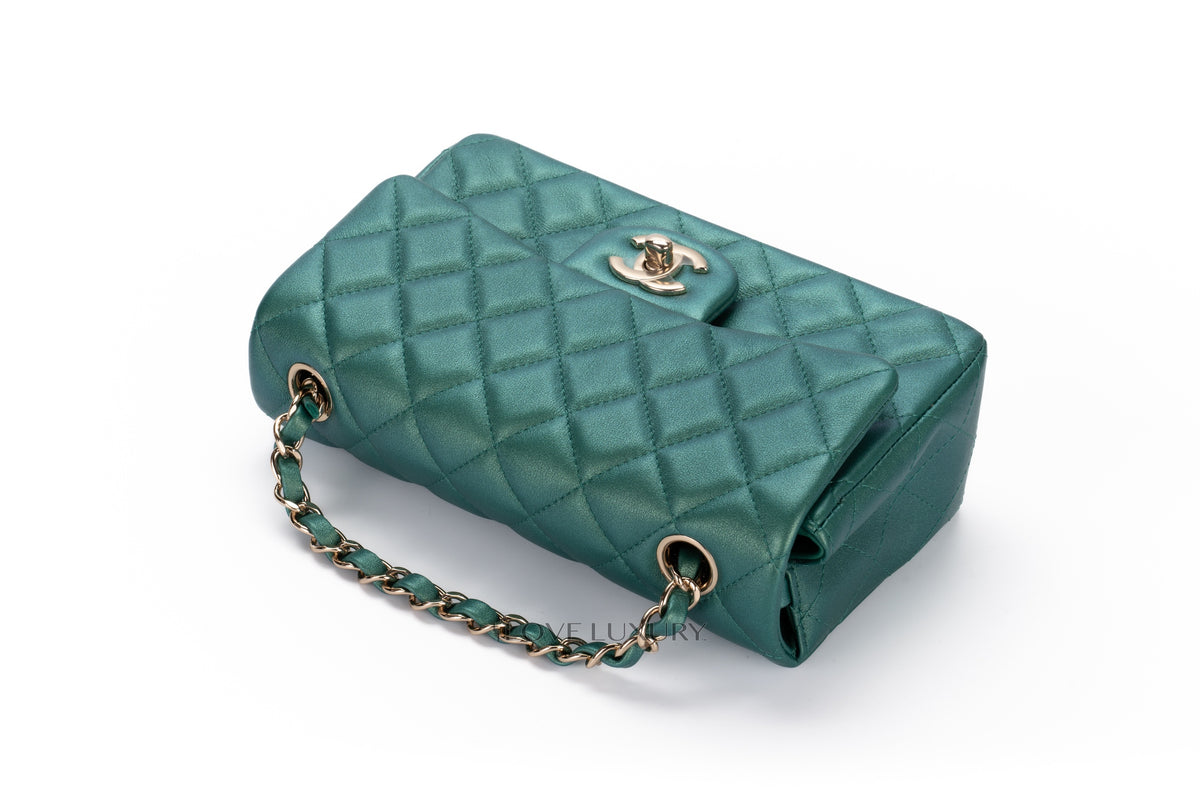Chanel Mini Rectangular Single Flap Metallic Green Champagne Hardware - view 10