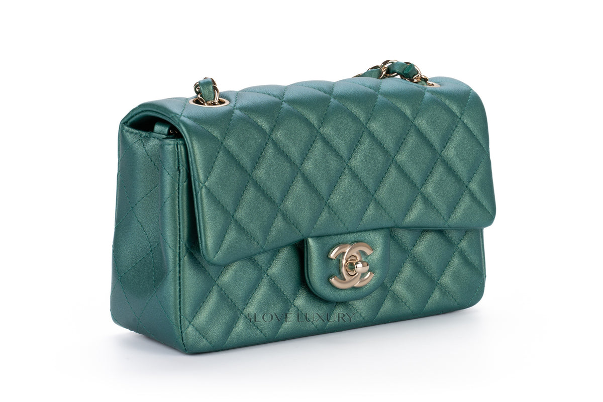 Chanel Mini Rectangular Single Flap Metallic Green Champagne Hardware - view 2