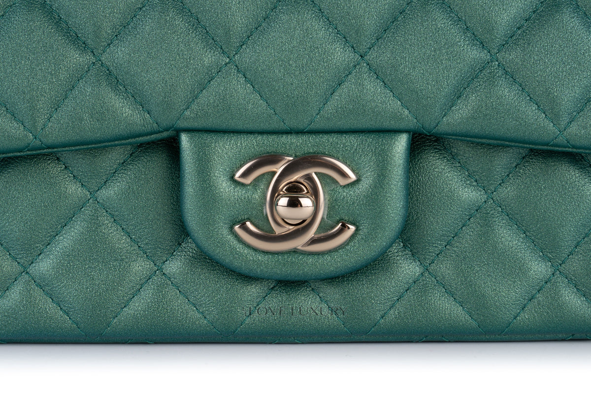 Chanel Mini Rectangular Single Flap Metallic Green Champagne Hardware - view 7