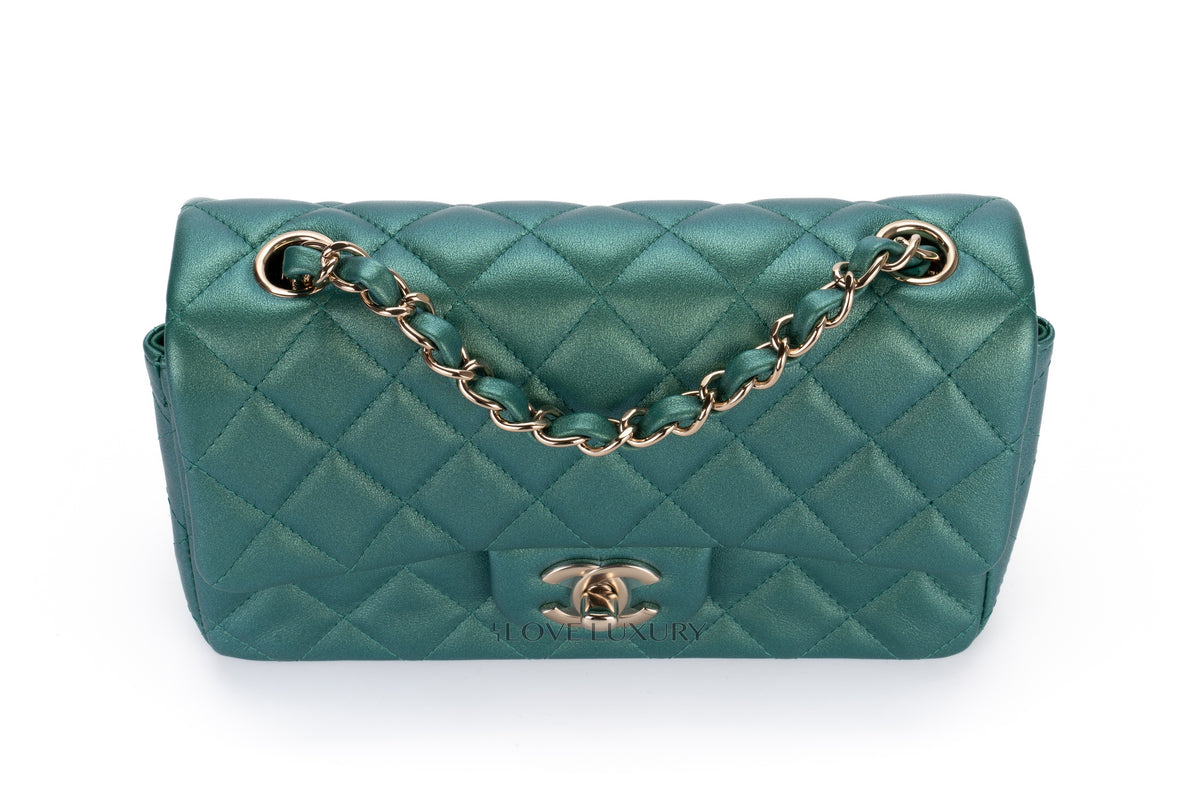 Chanel Mini Rectangular Single Flap Metallic Green Champagne Hardware - view 8