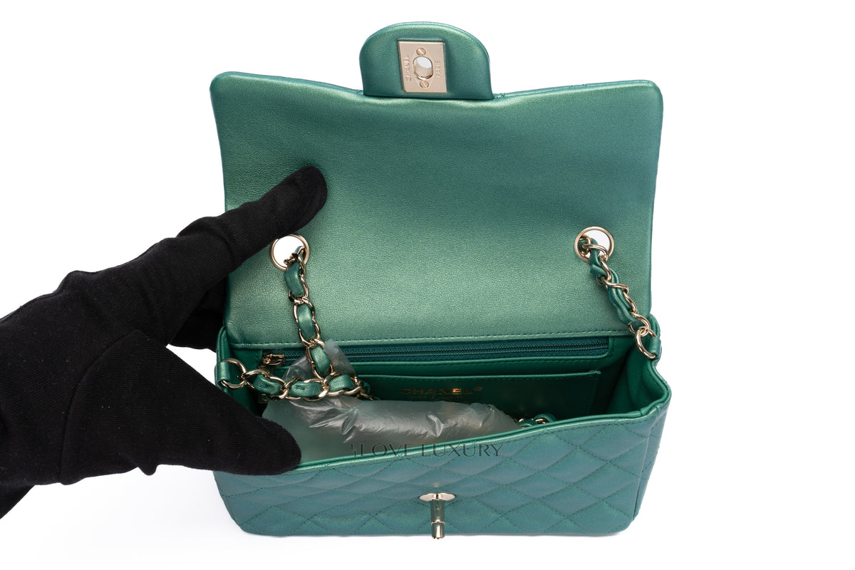 Chanel Mini Rectangular Single Flap Metallic Green Champagne Hardware - view 9