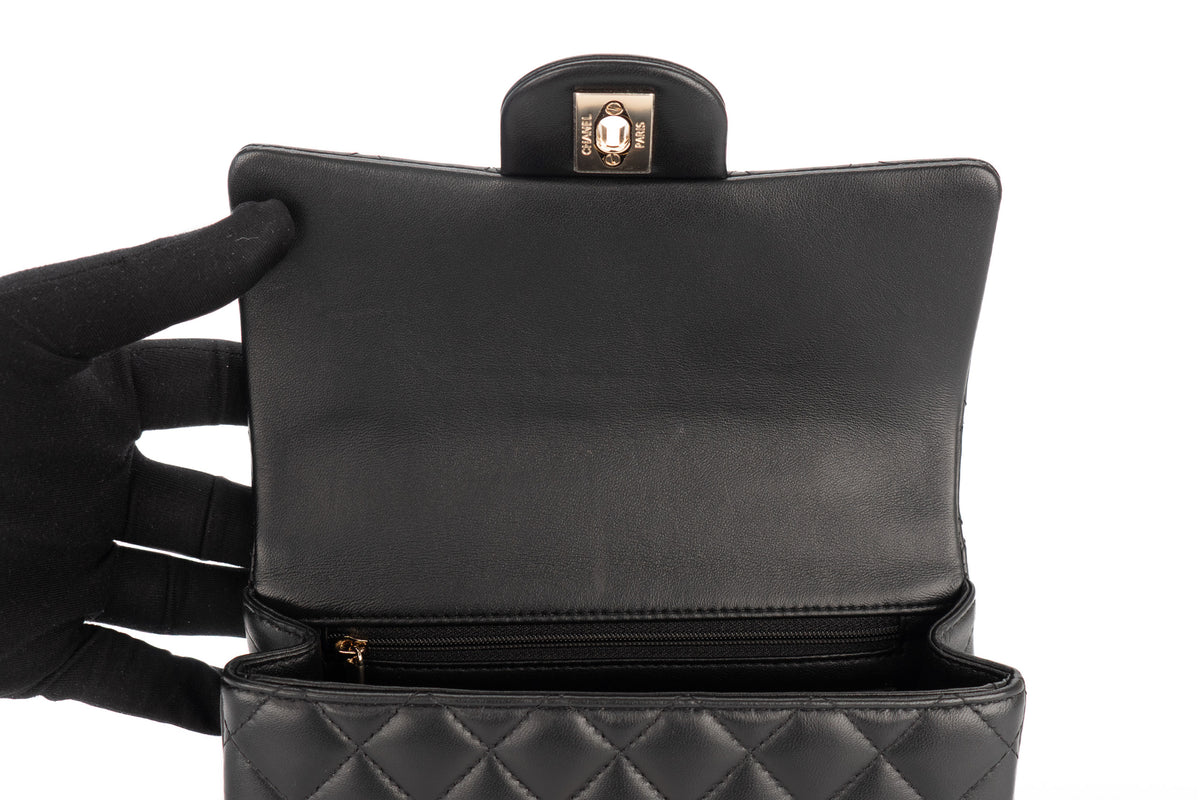 Chanel Mini Rectangular Bag Quilted Top Handle Pearl Crystal Lion Charm Black Lambskin Champagne Hardware - view 10