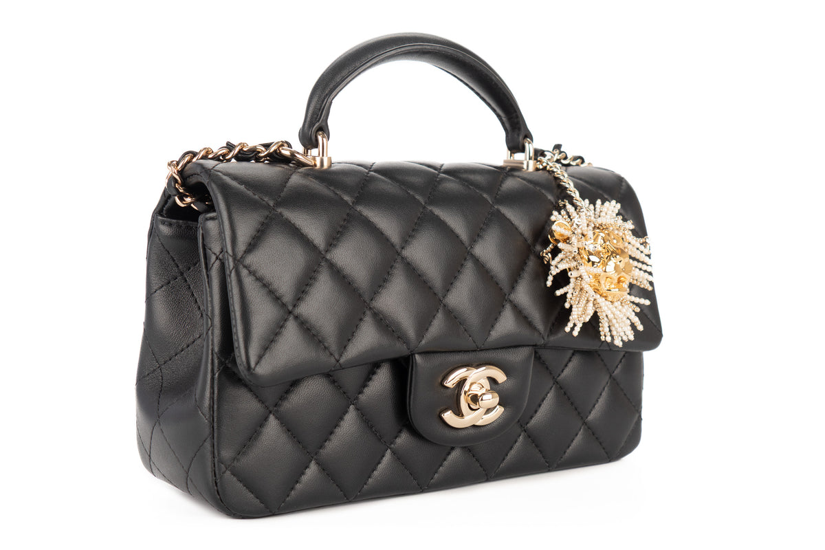 Chanel Mini Rectangular Bag Quilted Top Handle Pearl Crystal Lion Charm Black Lambskin Champagne Hardware - view 2