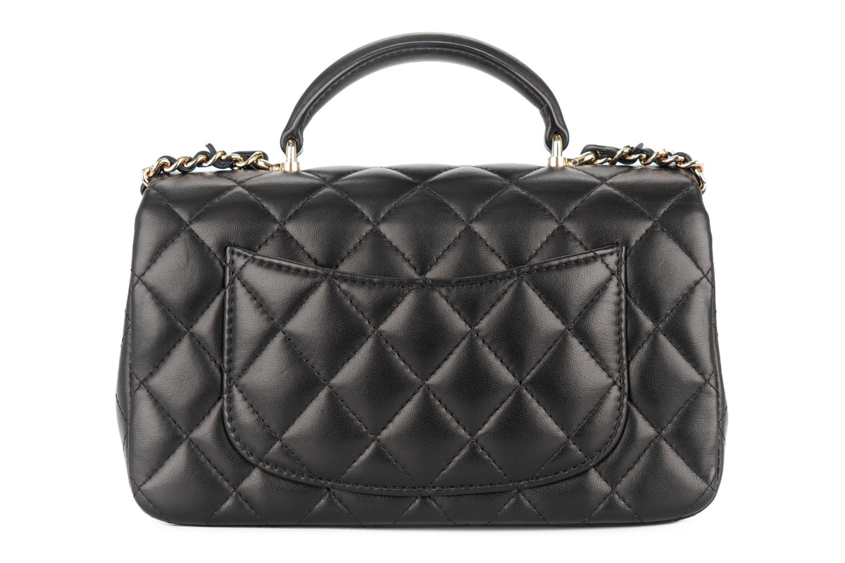 Chanel Mini Rectangular Bag Quilted Top Handle Pearl Crystal Lion Charm Black Lambskin Champagne Hardware - view 3
