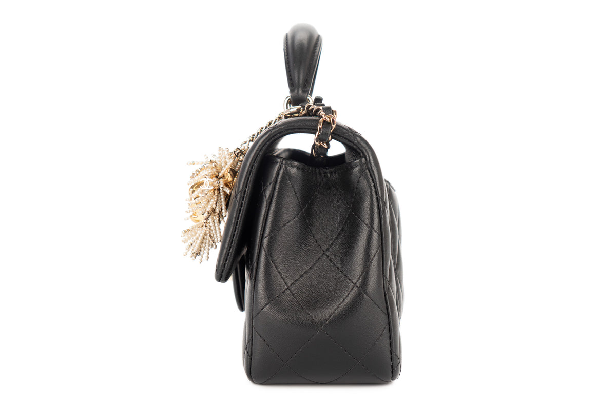 Chanel Mini Rectangular Bag Quilted Top Handle Pearl Crystal Lion Charm Black Lambskin Champagne Hardware - view 4
