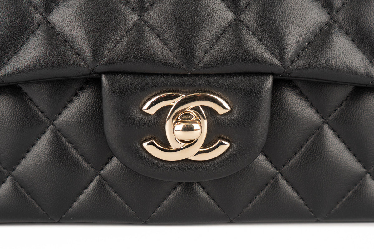 Chanel Mini Rectangular Bag Quilted Top Handle Pearl Crystal Lion Charm Black Lambskin Champagne Hardware - view 7