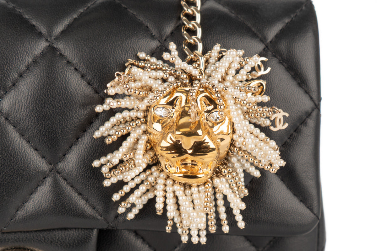 Chanel Mini Rectangular Bag Quilted Top Handle Pearl Crystal Lion Charm Black Lambskin Champagne Hardware - view 8