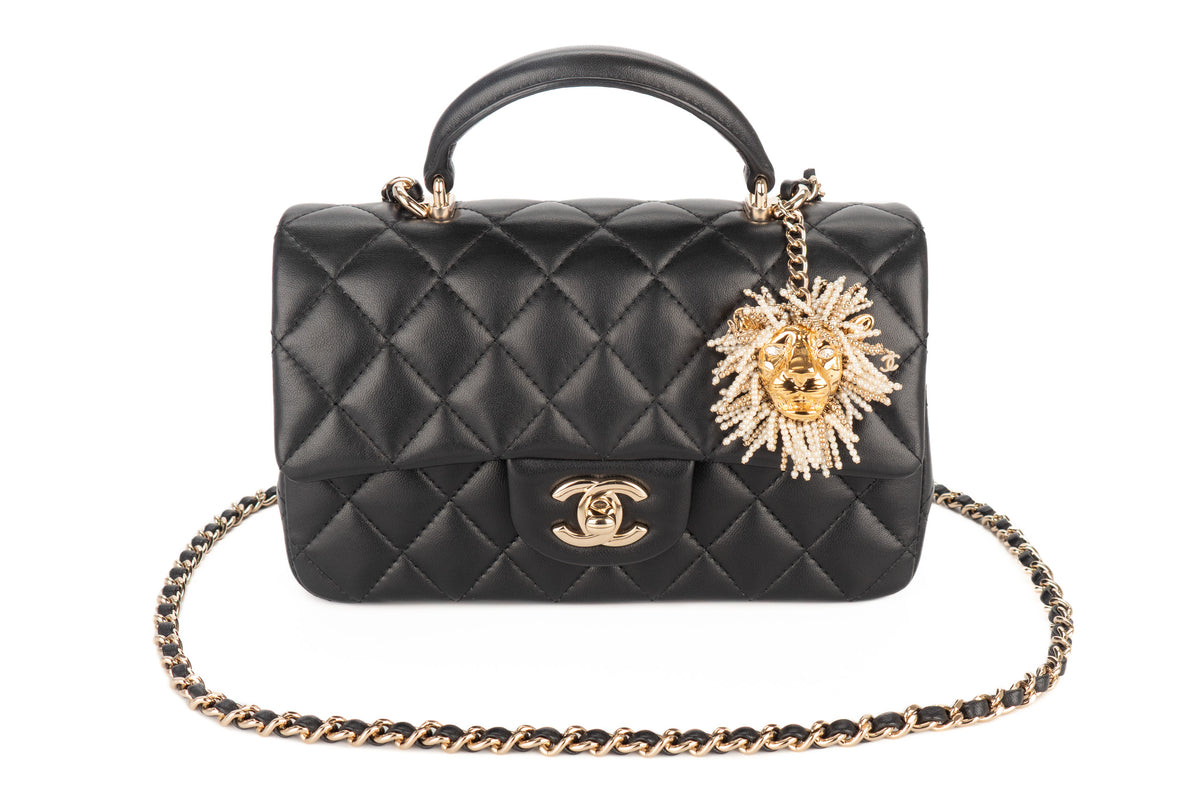 Chanel Mini Rectangular Bag Quilted Top Handle Pearl Crystal Lion Charm Black Lambskin Champagne Hardware - view 9