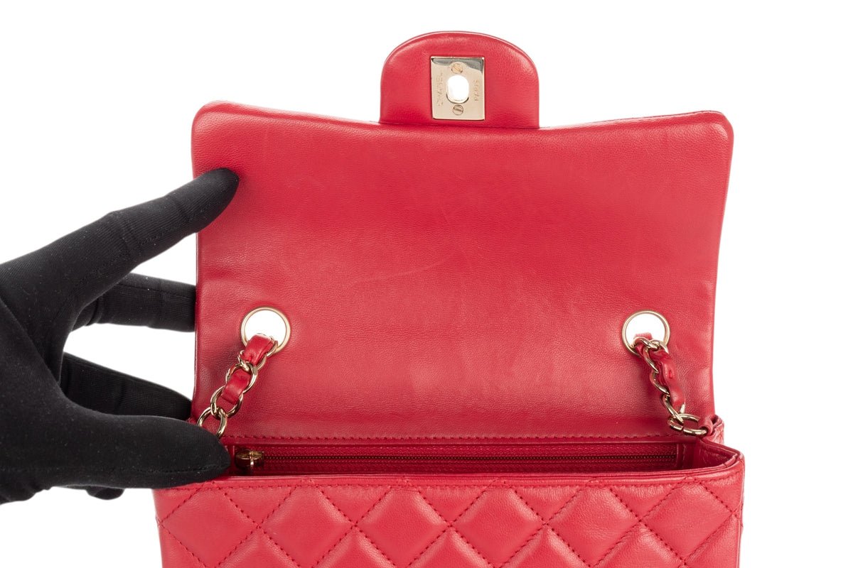 Chanel Mini Rectangular Bag Red Lambskin Silver Hardware - view 9
