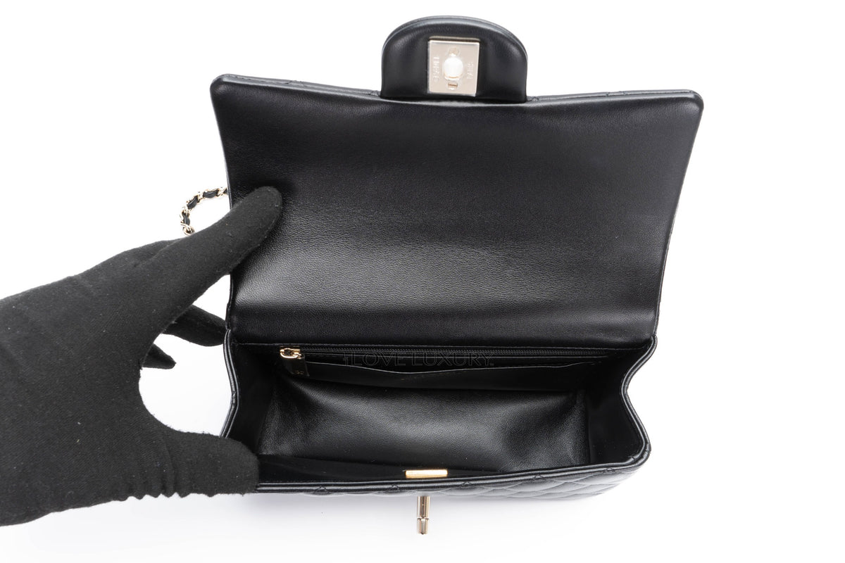 Chanel Mini Rectangular Bag Top Handle Black Lambskin Light Gold Hardware - view 10