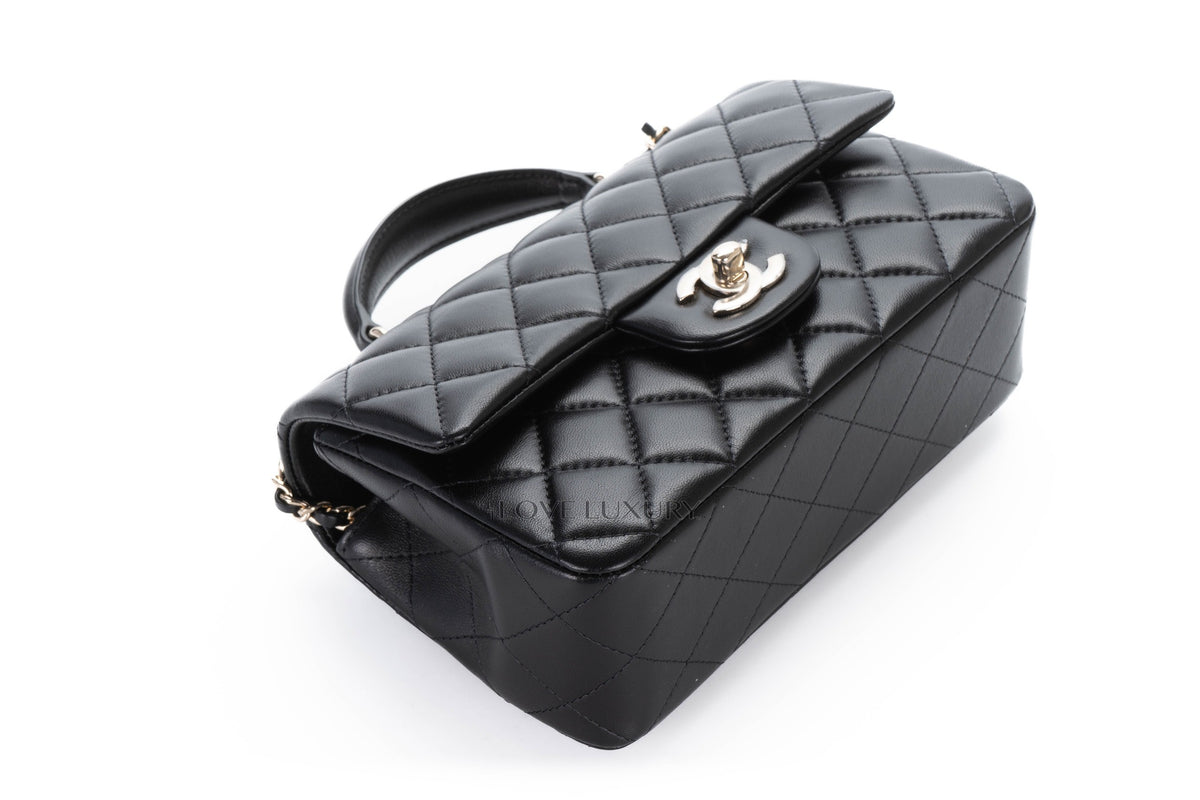Chanel Mini Rectangular Bag Top Handle Black Lambskin Light Gold Hardware - view 11