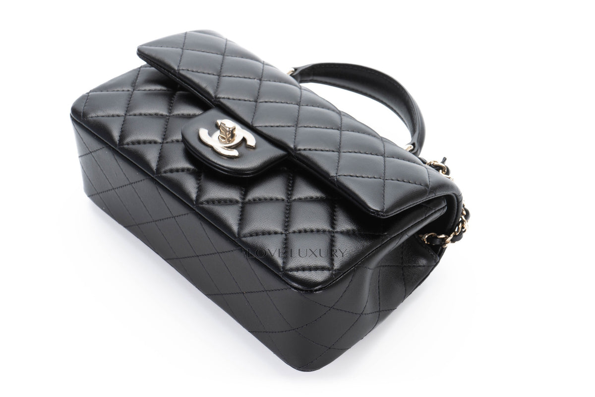 Chanel Mini Rectangular Bag Top Handle Black Lambskin Light Gold Hardware - view 12